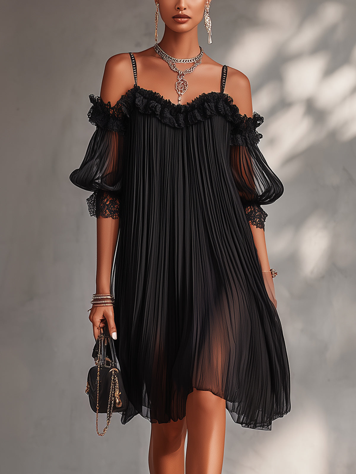 Sira | Vestido Mini Negro de Gasa con Hombros Descubiertos y Acabado de Encaje