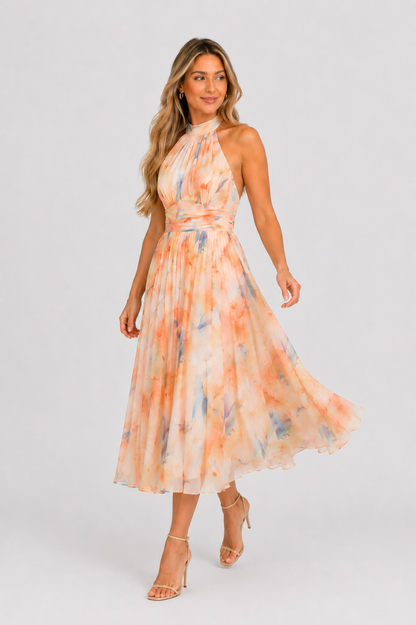 Aurora | Vestido con escote halter y estampado efecto acuarela