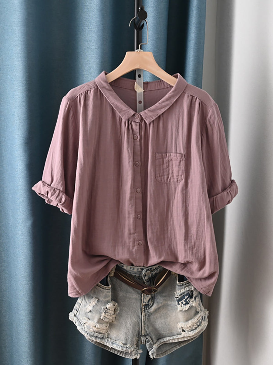 Camisa de verano para mujer con cuello vuelto y estilo artístico, 100% algodón.