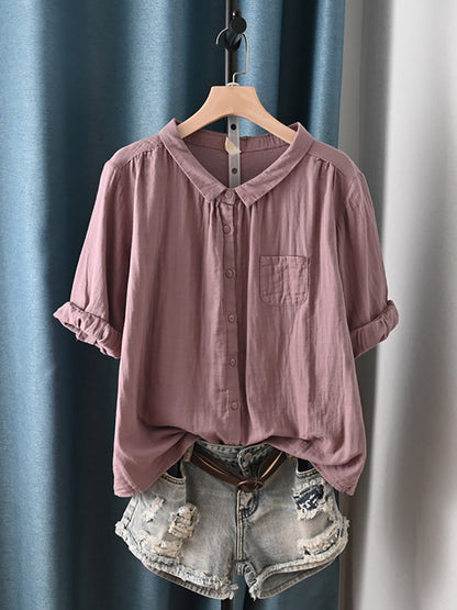 Camisa de verano para mujer con cuello vuelto y estilo artístico, 100% algodón.