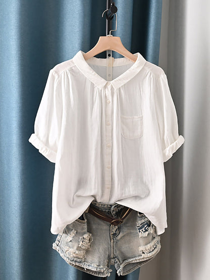 Camisa de verano para mujer con cuello vuelto y estilo artístico, 100% algodón.