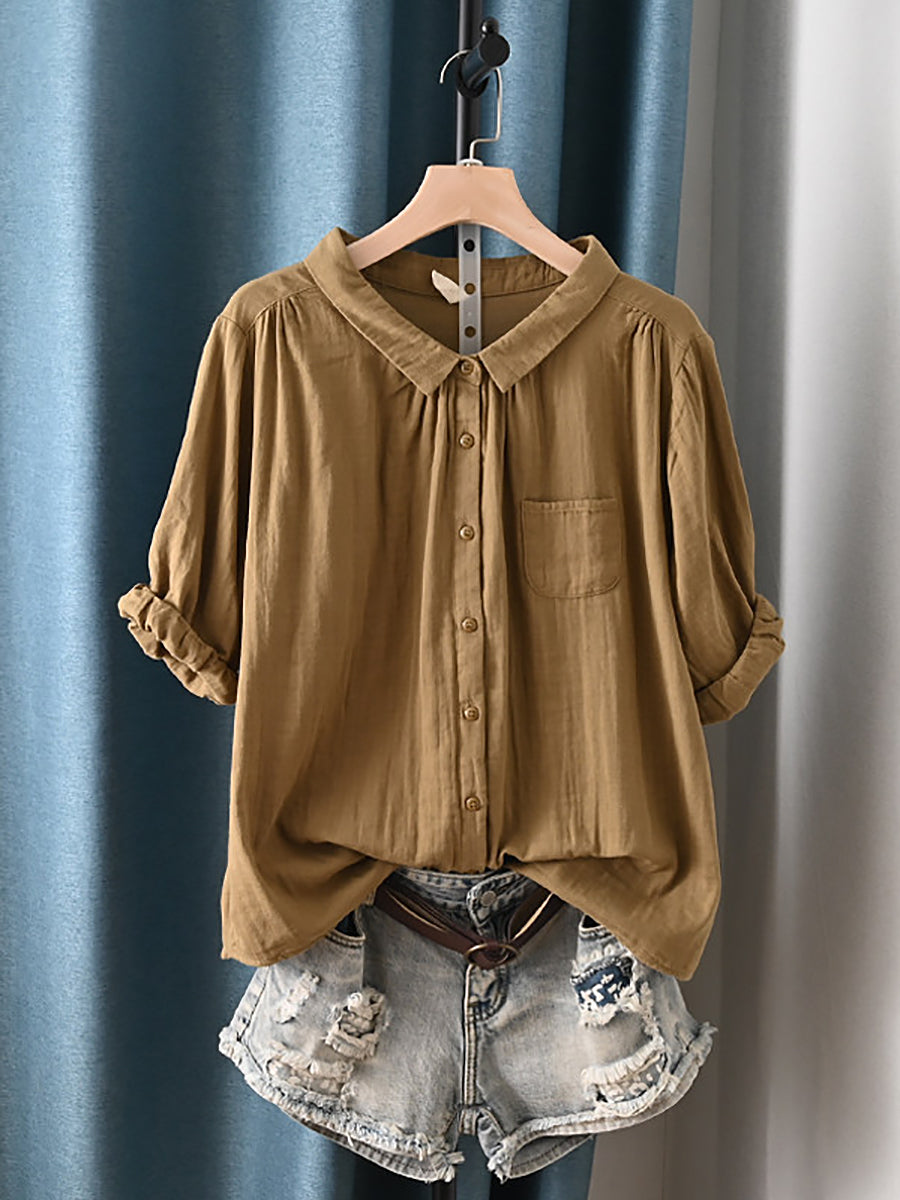 Camisa de verano para mujer con cuello vuelto y estilo artístico, 100% algodón.
