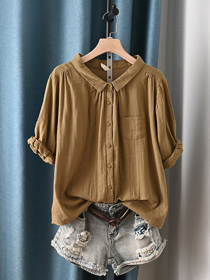 Camisa de verano para mujer con cuello vuelto y estilo artístico, 100% algodón.