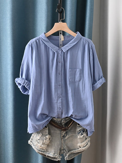 Camisa de verano para mujer con cuello vuelto y estilo artístico, 100% algodón.