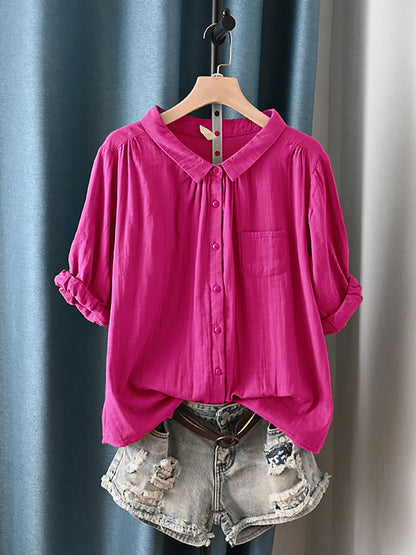 Camisa de verano para mujer con cuello vuelto y estilo artístico, 100% algodón.