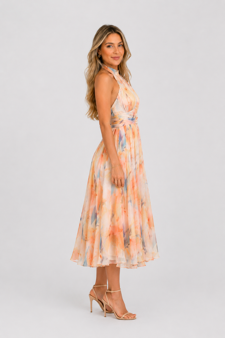 Aurora | Vestido con escote halter y estampado efecto acuarela