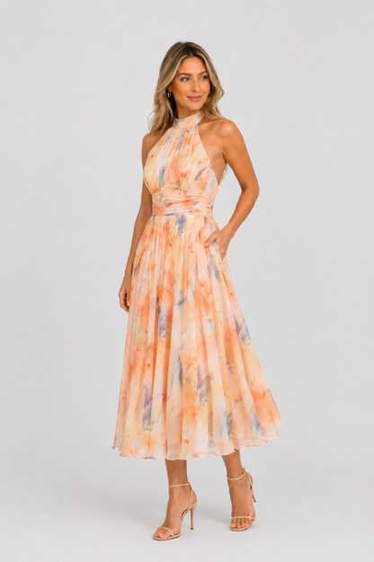 Aurora | Vestido con escote halter y estampado efecto acuarela
