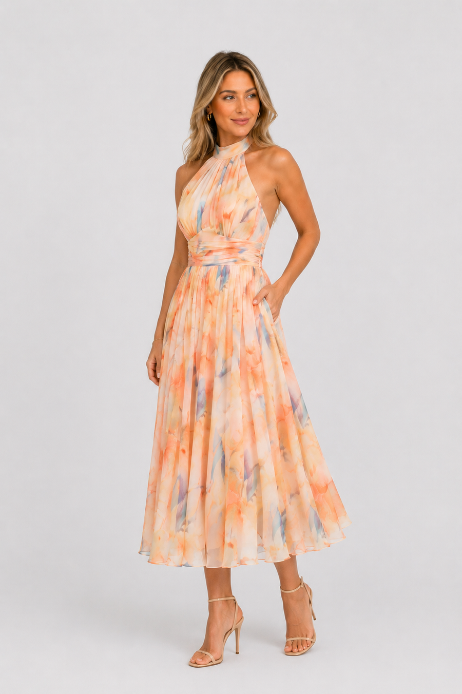 Aurora | Vestido con escote halter y estampado efecto acuarela