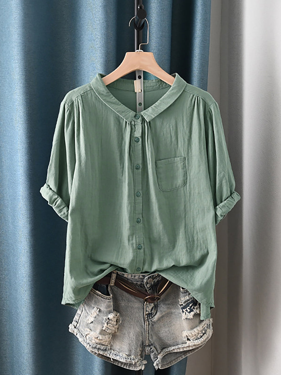 Camisa de verano para mujer con cuello vuelto y estilo artístico, 100% algodón.