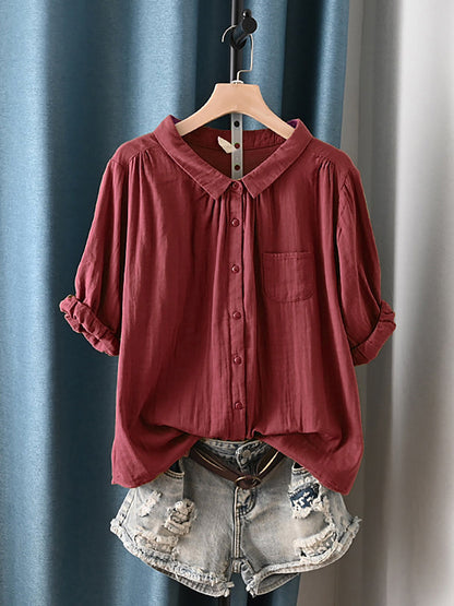 Camisa de verano para mujer con cuello vuelto y estilo artístico, 100% algodón.