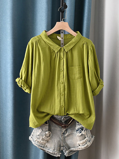 Camisa de verano para mujer con cuello vuelto y estilo artístico, 100% algodón.