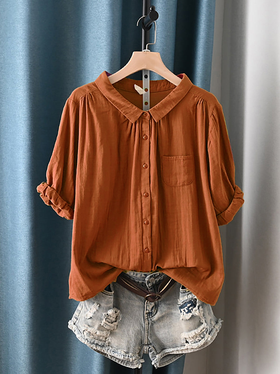 Camisa de verano para mujer con cuello vuelto y estilo artístico, 100% algodón.