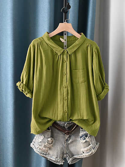 Camisa de verano para mujer con cuello vuelto y estilo artístico, 100% algodón.